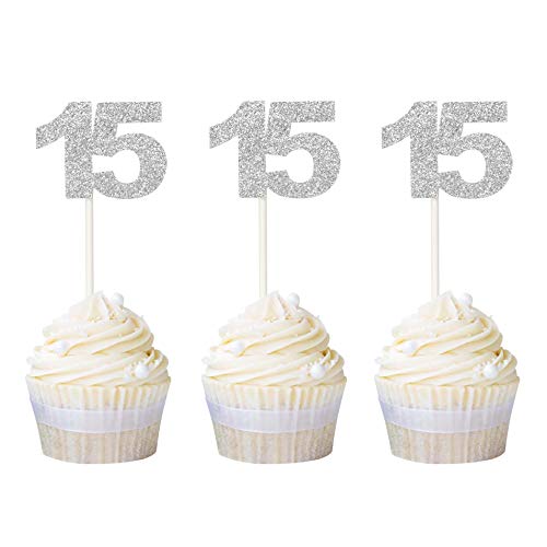 Ercadio Numbers 15 Cupcake Toppers Silver Glitter 15Th Cupcake Picks Birthday Anniversary Party Decoration Supplies 24 Pcs #TOP13