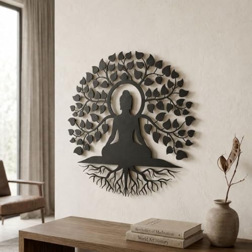 Image of Herrlich Homes Tree of Life Buddha Metal Wall Art |Meditation Yoga Altar Buda Indoor Zen Home Decor |Outdoor Garden Patio Hanging | 40CM X 40CM | Black