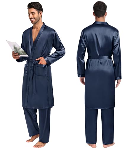 Image of SWOMOG Mens 3 PCS Satin Robe with Pants & Shorts Set Kimono Bathrobe Long Sleeve Sleepwear Pjs Sets with Pockets