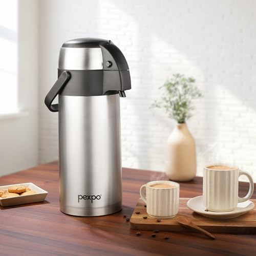 Image of Go24 pexpo Aquaport Stainless Steel Vacuum Insulated Beverage Dispenser with Pump - 3.5 LTR | Hot & Cold | Double Wall | Sturdy Handle to Carry | Coffee /Tea Carafe - Silver