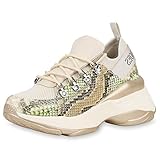 SCARPE VITA Damen Plateau Sneaker Turnschuhe Schnürer Snake Prints Chunky Schuhe Freizeitschuhe Strass 192641 Creme Gold Hellgrün Snake 36