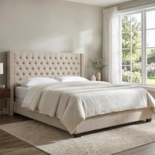 Image of Madison Park King Wingback Upholstered Tufted Headboard, Featuring High-Density Sponge Padding, Adjustable Height Headboard, Easy Assembly, Beige Woven