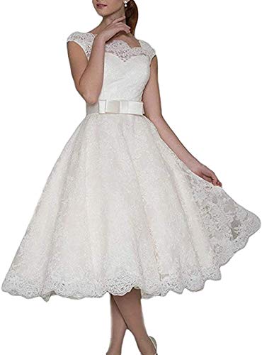 Melisa Women's A Line Lace Beach Wedding Dresses for Bride with Sash Short Length Elegant Bridal Ball Gown Ivory