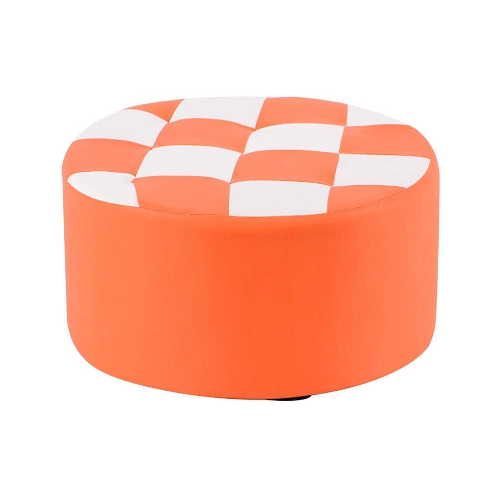 Repose-pieds ottoman table basse ronde similicuir ciré blanc orange petit