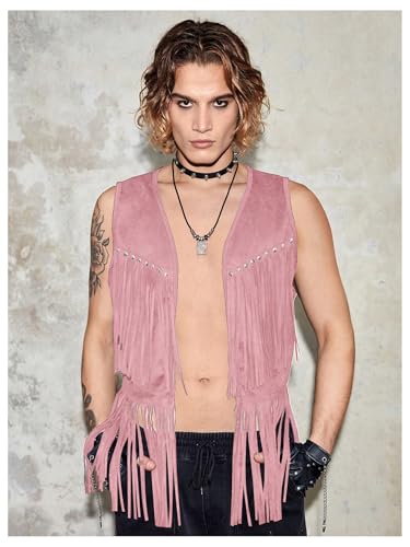 Image of Verdusa Men's Sleeveless V Neck Studded Detail Fringe Trim Open Front Vest Jacket Pink Small