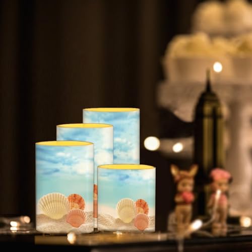 Image of Flameless Candles with Remote Control, Set of 4, Color Changing Flickering Flameless LED Pillar Candles with Battery Operated, Beach Seashell Blue Decor