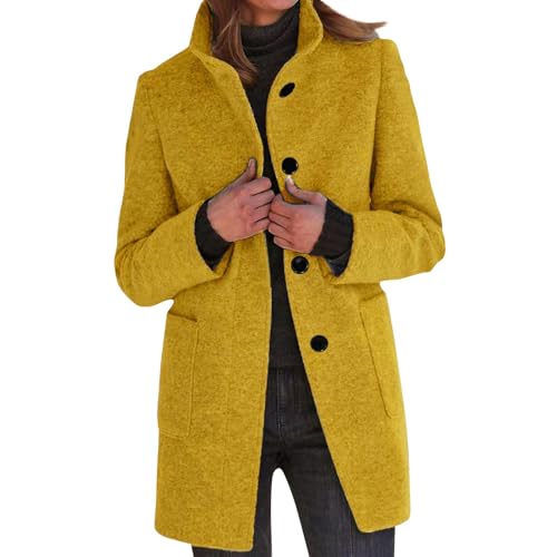 Trench Coat for Women Casual Solid Color Long Sleeve Single Breasted Button Up Collar Pocket Woolen Jacket