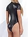 Faux Leather Bodysuit for Women Black Patent Leather Catsuit Lingerie Short Sleeve Skinny Bodysuit Front Zip Up Pvc Jumpsuit Mock Neck Cosplay Clubwear L