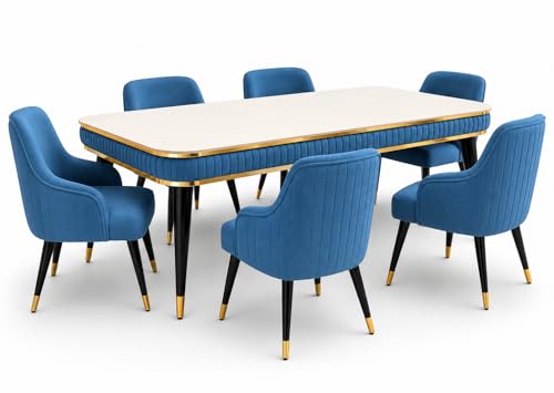 Image of WOODEN SPACE 6-Seater Wooden Dining Table Set | Nano Composite Marble Top | Solid Wood Base | Modern Dining Room Furniture with 6 Chairs (Blue Zyro)
