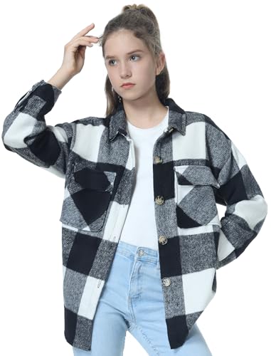 Image of Mebius Girls Shacket Jacket Long Sleeve Plaid /Corduroy Color Block Button Down Casual Collared Shirt with Pocket
