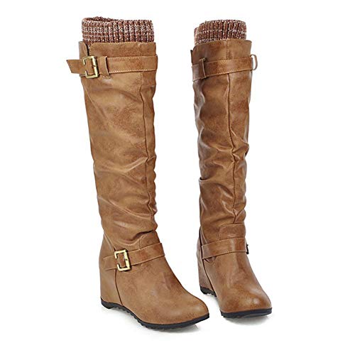 Ambility Fashion Women High Top Boots Western Cowboy Knee Boots PU Leather Thermal Shoes Warm Booties Low Heels Winter Warm Outdoor Punk Boots