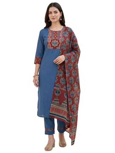 Image of INDO ERA Women's Straight Pure Cotton Floral Self Design Kurta & Pant With Dupatta Set | Kurta Sets For Woman