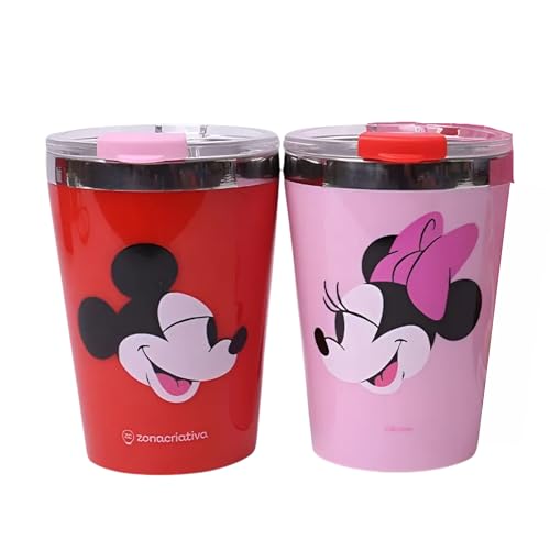 Zonacriativa – KIT Copos SNAP Mickey & Minnie 300ml | Compacto,Térmico em Aço Inóx Dupla Camada,Tampa Rosqueável,Leve sua Bebida em Espaços Pequenos,Bebida Gelada Por Mais Tempo,Para Casais e Amigas