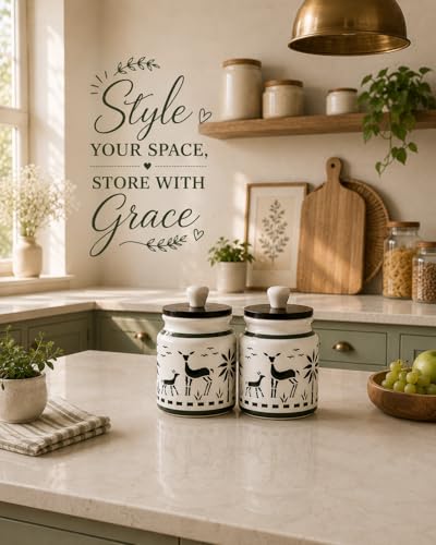 Image of Ceramic Kitchen Jars for Storage | Air Tight Containers with Wooden Lids | Masala, Salt, Pickle, Dry Fruits & Multi Utility Items Organiser Set (Hand-Painted, Green Deer, 450 ML, Pack of 2)