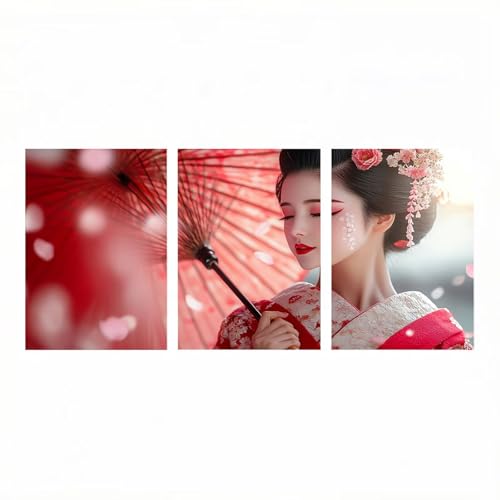 3 Piezas Geisha japonesa Diamond Painting Adultos 5D Diamond Painting Paraguas, Pintura Diamante Manualidades Adultos 90x60 cm*3, Bordado Punto Cruz Cuadros Decoracion Salon Modernos HXZH-1330