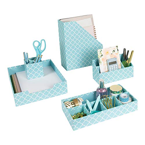BLU MONACO Teal Desk Organizer Set - 4 Piece Desktop Cubicle Decor - Letter & Mail Organizer, Pen Cup, Magazine File Holder, Aqua