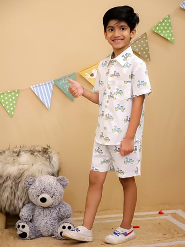 Image of superminis Boys Coordinated Set With Printed Rayon /Cotton Shirt and Shorts