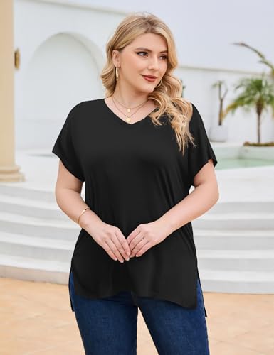 Florboom Women Plus Size Tops Long/Short Sleeve V Neck T Shirts Casual Loose Fit Basic Tee Tshirt2