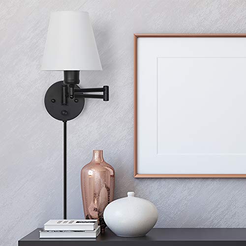Plug in Wall Sconce Set of 2, Swing Arm Wall Light Fixtures with White Fabric Lampshade, Modern Reading Wall Lights for Bedroom Hallway Living Room - Thumbnail 2