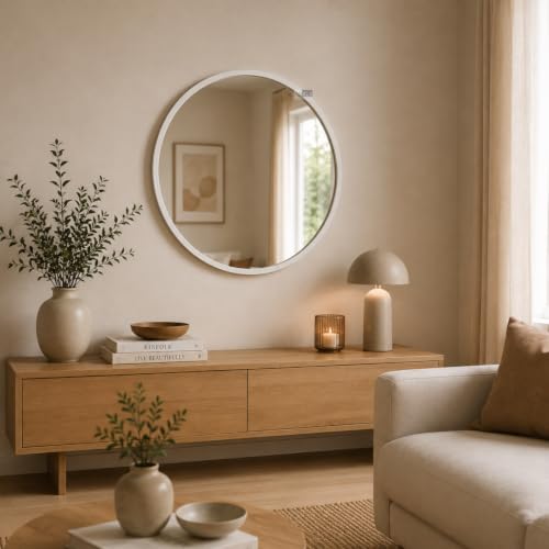 Image of Round Wall Mirror in Gold I Metal Frame Mirror I Modern Design Metal Frame Mirror in Medium Size I Bathroom Wash Basin, Bedroom, Drawing Room (White 24 inch)