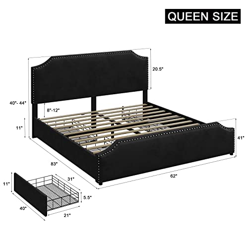 Amerlife Queen Size Bed Frame With 4 Storage Drawers And Headboard, Queen Velvet Upholstered Platform Bed With Rivet Curved Adjustable Headboard/Strong Wooden Slats/Easy Assembly/Black, (1060200023) #TOP1