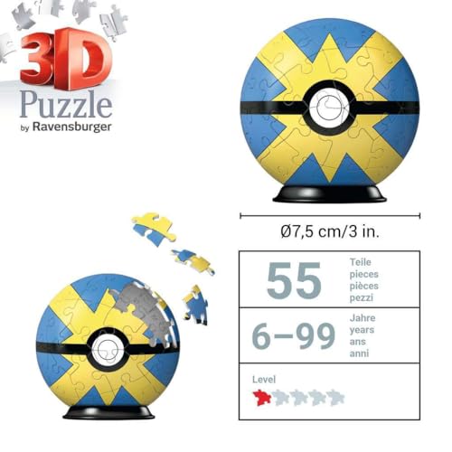 Ravensburger - Puzzle 3D Pokemon Pokeball Bola Rápida, Pokebola amarilla y azul, puzzles niños 6 años, construcción, 54 piezas numeradas, Fácil montaje, Incluye un soporte para decorar