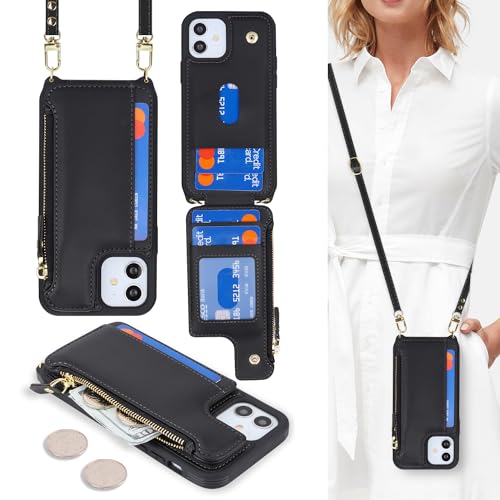 Cavor for iPhone 12 Wallet Case with Card Holder for Women for iPhone 12 Pro Case with Strap Crossbody Lanyard and Wristlet Zipper Pocket Phone Cover-Black