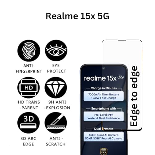 Image of compatible with Realme 15x 5G Tempered Glass [with warranty] screen protector guard Full Edge to Edge 9H Full Glue FHD with Easy Installation kit - Pack of 1 | 6.81 Inch | Realme15x | 15 x