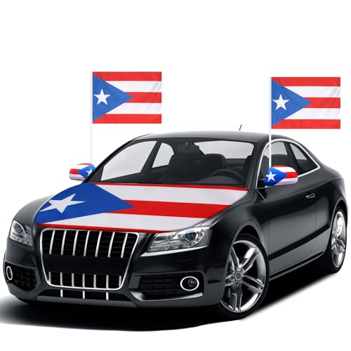 BBTO Set of 3 Puerto Rico Flags Car Accessories Included Puerto-rico Flag Car Hood Cover Side View Mirror Covers and Flag Universal Fit for Trucks SUV