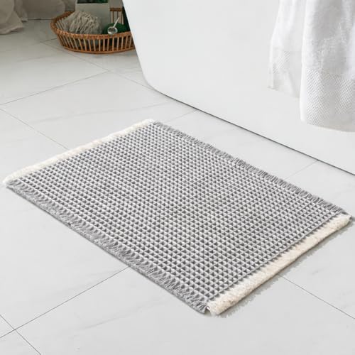 Image of HomeCloud Waffle Bath Mat, Super Absorbent Non Slip Mats for Bathroom Floor, Machine Washable Bathroom Rugs with Tassels,Ultra Soft (White Grey)