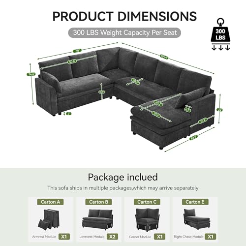 Image of 110 inch Sectional Couches with Right Chaise, Comfy Deep Dual-Layer Cushion Couch, 7 Seater U Shaped Couch, Modern Modular Sofa, Chenille Sofas for Living Room, Apartment, Grey