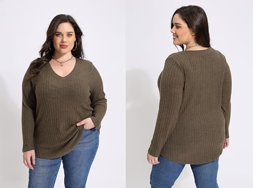 Image of RITERA Plus Size Sweater, Ribbed Long Sleeve Solid Top for Women | Soft vertical ribbed knit, modest V neck, loose long sleeves, curved swing hem, slimming casual layering top for curvy women