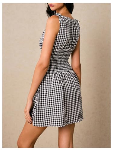 Floerns Women's Tie Shoulder A Line Gingham Dress Boat Neck Mini Summer Dresses2
