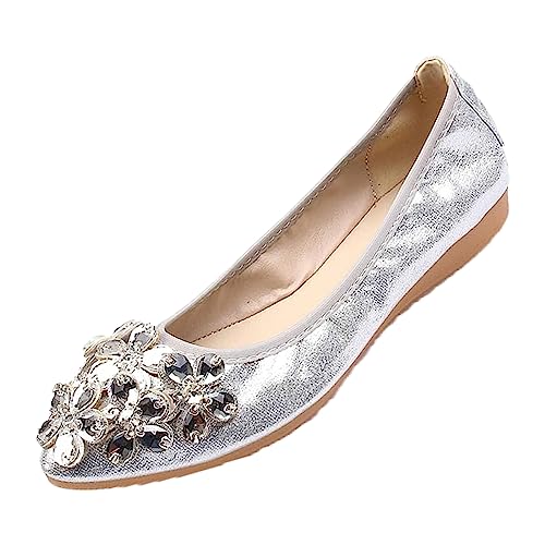 Traveltopp Women's Fashion Rhinestone Ballet Flats Foldable Comfortable Pointed Toe Slip-on Loafers Work Walking Bridal Dress Shoes