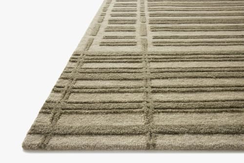 Image of Modern (High Low Pile) Pattern Wool Carpet with Loop Texture Yarn Anti Shedding Carpet Size 5x8 Feet B0 Olive Green Color