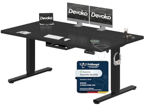 Devoko Höhenverstellbarer Schreibtisch 160x80cm mit Typ-C Ladeanschluss, Schreibtisch Höhenverstellbar Elektrisch, Mobiler Elektrisch Computertisch mit Kabel Management Tray, Schwarz