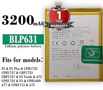 Image of Original BLP631 Battery for Oppo F5, F3, A77 CPH1723 / CPH1727 / CPH1609 / CPH2339 Battery with 1 Year Warranty**** (N0069)