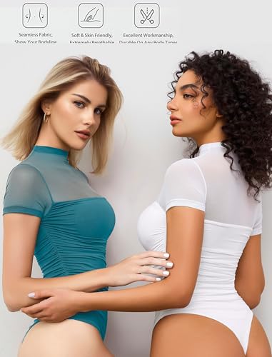 Image of Avidlove Women's Short Sleeve Bodysuit Turtle Neck Body Suits Mesh One Piece Leotard Going Out Tops Date Outfits