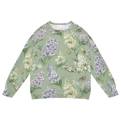 JUNZAN Flowers Hyacinths Peonies Bees Sage Green Kids Boys Pullover Hoodie Long Sleeve Sweatshirts for Boys Party 4T