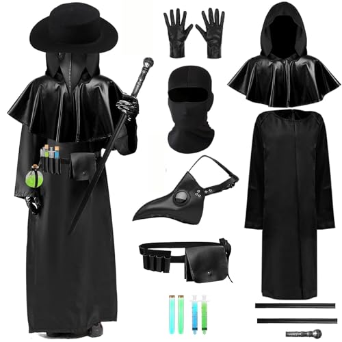 Plague Doctor Costume with Bird Beak Mask Hat Accessories Adult Dr Horror Scary Halloween Robe Outfit Set Cloak Gloves Black-Set S by Generic - Used condition - US$37.99