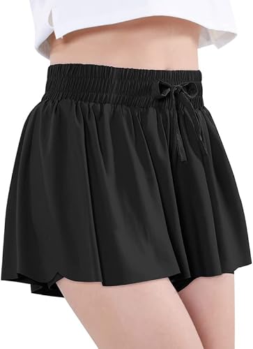 Girls Athletic Flowy Shorts with Inner Pockets Butterfly Running Active Workout Sports Elastic Waist Shorts for Kids Black 12Y
