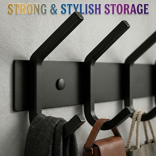 SAYONEYES Matte Black Coat Rack Wall Mount – 17 Inch Stainless Steel Hook Rail with 6 Heavy Duty Double Hooks – Wall Mounted Coat Hanger for Entryway, Bathroom, Bedroom, Towel, Hat Organizer - 4 Pack by SAYONEYES - Image 4