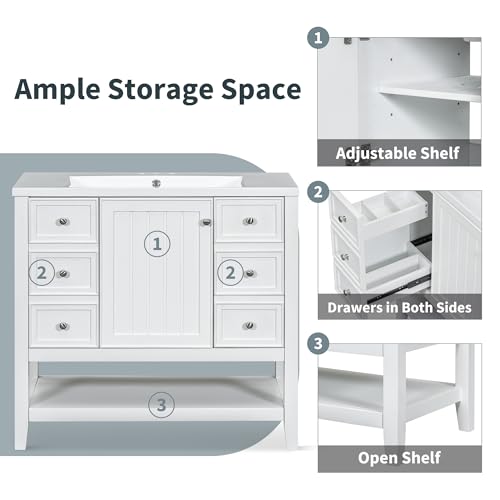 Image of Favfurish 36 inch Bathroom Vanity with Ceramic Sink,Undermount Single Basin Bath Vanity Set w /Soft-Close Door and 3 Drawers,Modern Freestanding Storage Cabinet w /Open Shelf,Solid Wood Frame,White