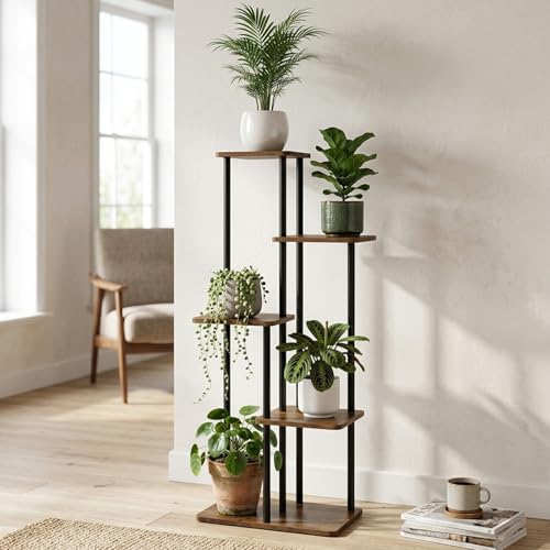 Image of Garden Genie Flora 5 Tier Metal Plant Stand for Indoor & Outdoor Plants | Multi-Level Wooden Shelf with Heavy Duty Metal Frame | Corner Plant Rack for Living Room, Balcony, Patio, Office & Home Decor