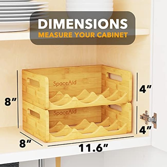 SpaceAid Bamboo Water Bottle Organizer with Labels for Kitchen and Pantry, Storage Rack for Cabinets, Home Cup and Wine Bottle Holder Shelf Organizers, 2 Pack 3-Slot, Hold 6 Bottles