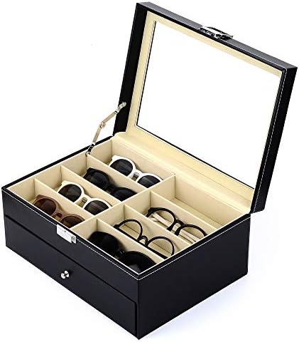 Siveit 16 Slot Sunglass Organizer Leather Eyeglasses Collector Eyewear Display Case Storage Box, Black