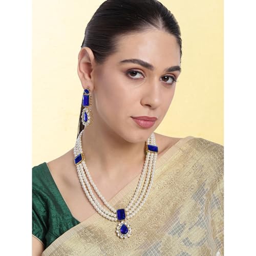 Image of Peora Crystal Faux Pearl Kundan Necklace & Jewellery Set Gift for Women