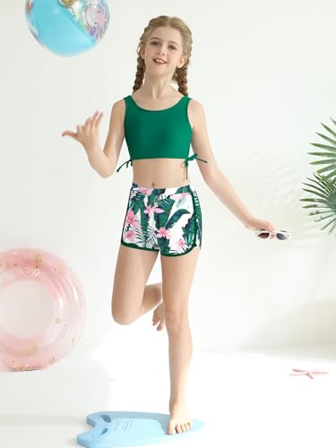 Image of Girl's 3 Piece Bikini Bathing Suit Printed Sport Swimsuits with Shorts Cove Up Sets Teen Girl's Swimwear