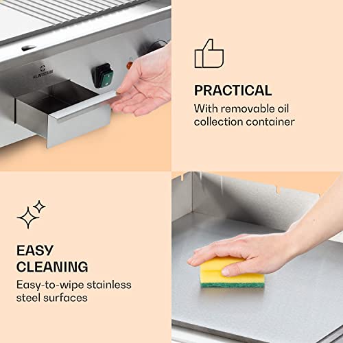 Klarstein Plancha Cocina Eléctrica Profesional, Grill Electrico de Acero Inoxidable, Antiadherente con Bandeja Aceite Extraíble, LED, 2 Espátulas, Plancha de Asar, Camping y Restaurantes 200W, Plata - imagen 7