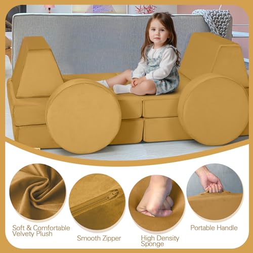 MeMoreCool Modular Kids Couch Sofa, Mustard 8-Piece Convertible Foam Play Couch Set for Toddlers and Playroom
